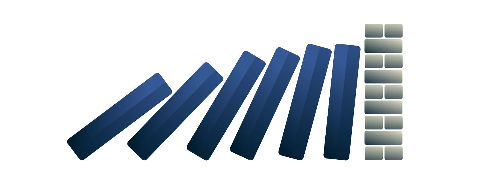 Dominoes falling onto a brick wall.