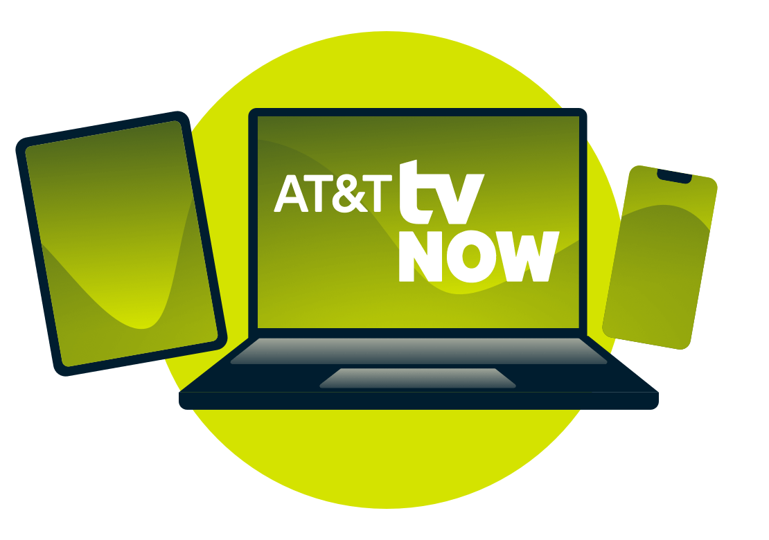 Una laptop, una tablet y un teléfono con el logotipo de AT&T TV Now.