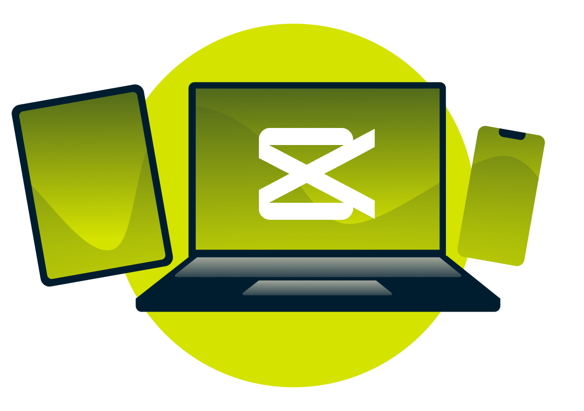 A laptop, tablet, and phone, with the CapCut logo.