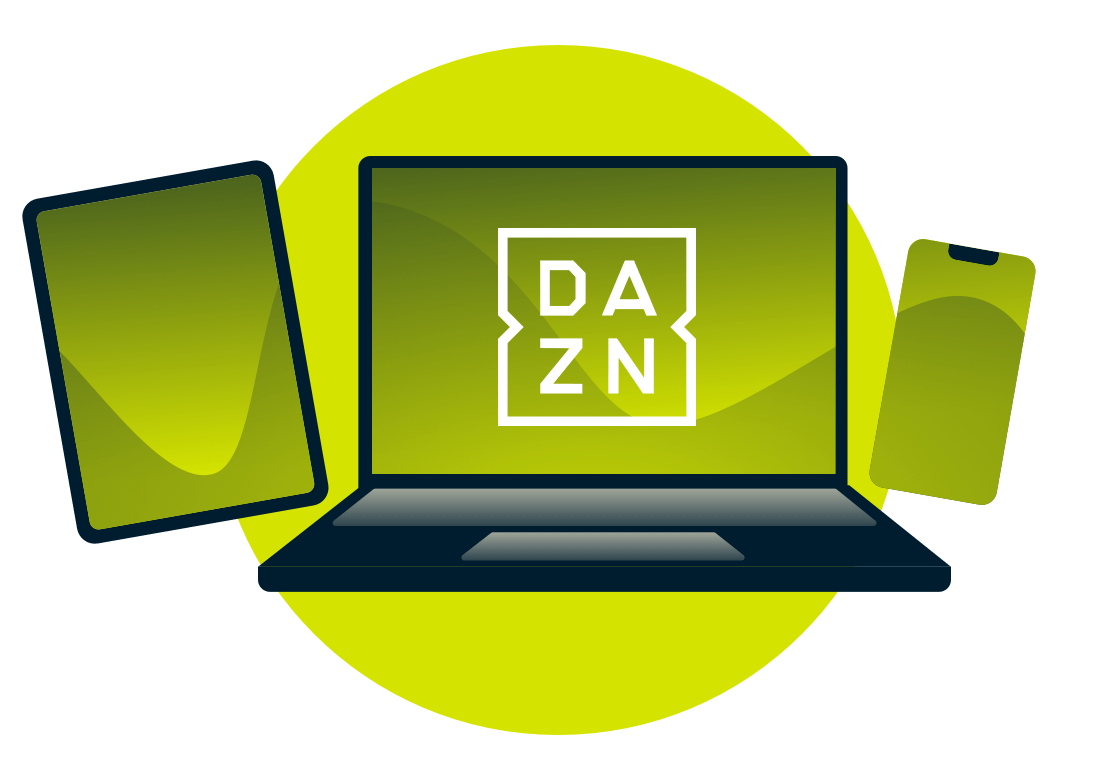 DAZNロゴ付きのノートパソコン、タブレット、携帯電話。