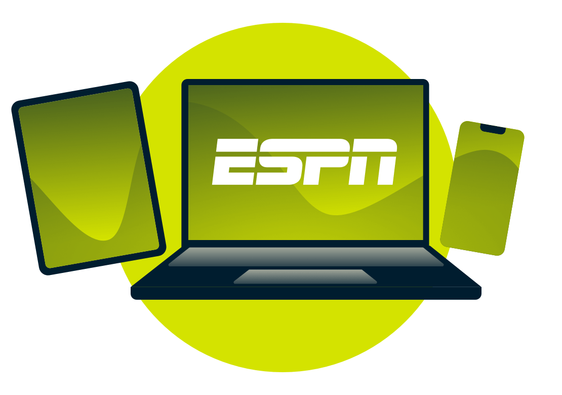 Een laptop, tablet en telefoon, met het ESPN logo.