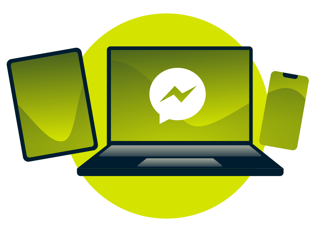 En bärbar dator, surfplatta och telefon med Facebook Messenger-logotypen.