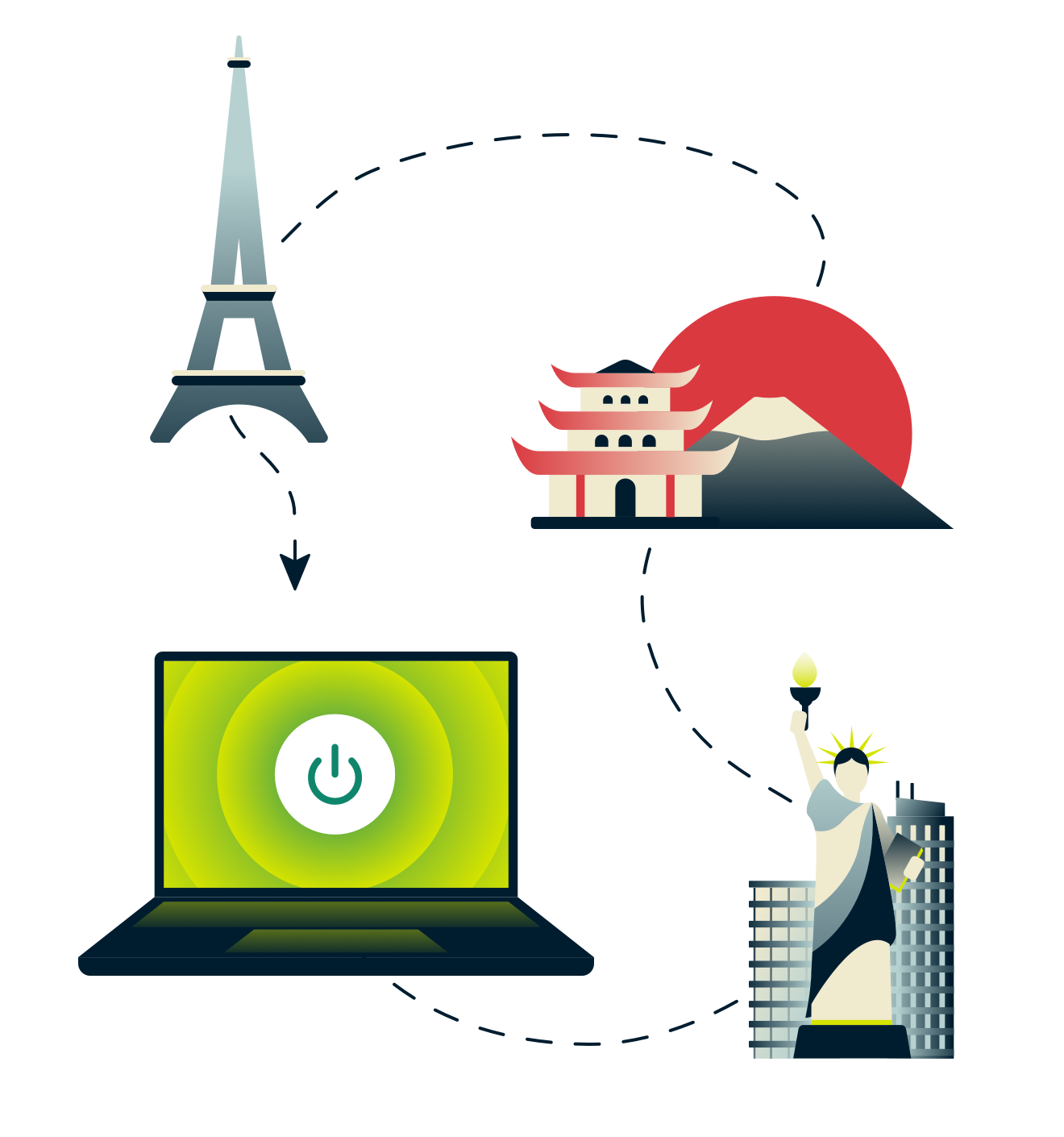 Eiffelturm, Fuji, Freiheitsstatue und ein mit einem VPN verbundener Computer 
