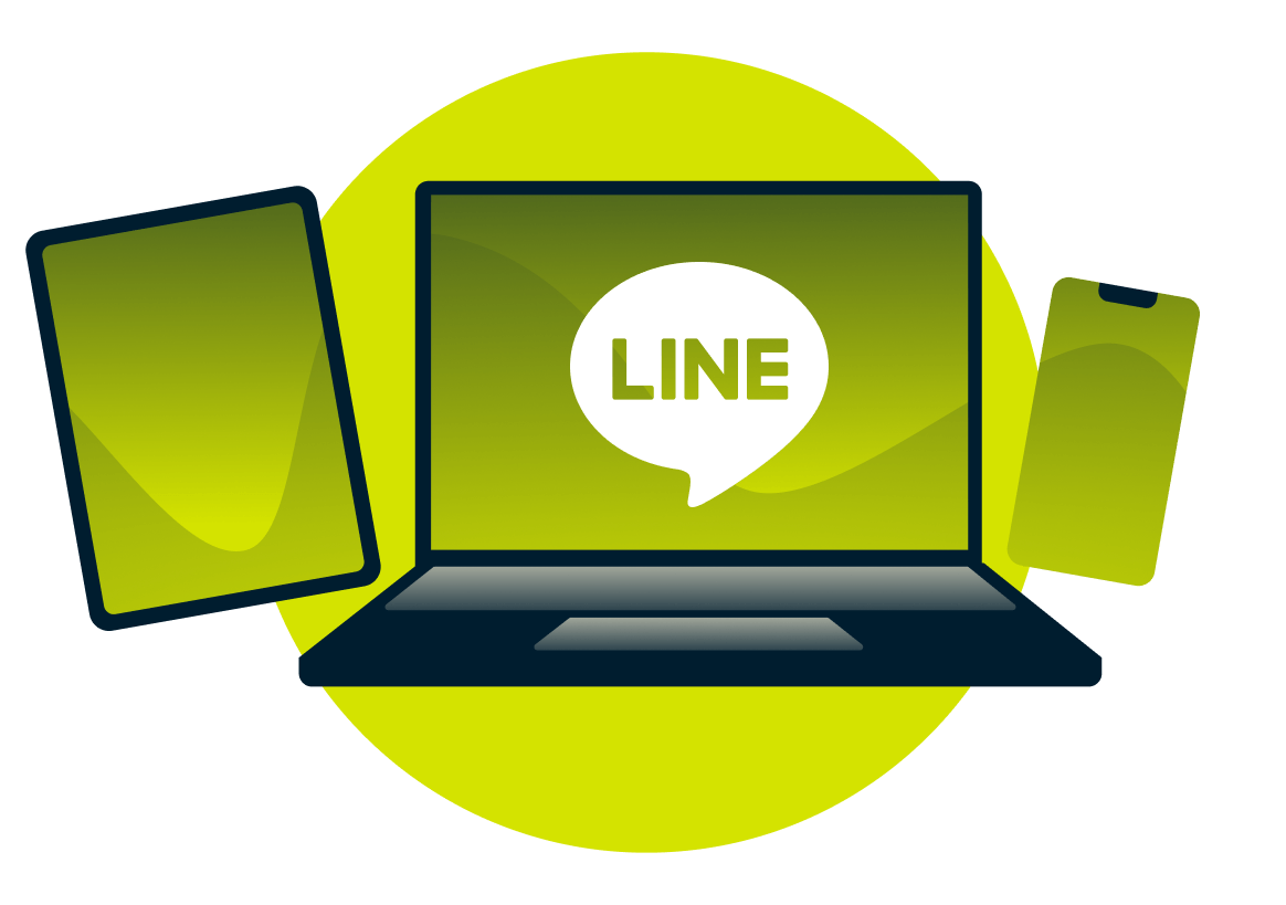 A laptop, tablet, and phone with the LINE logo.