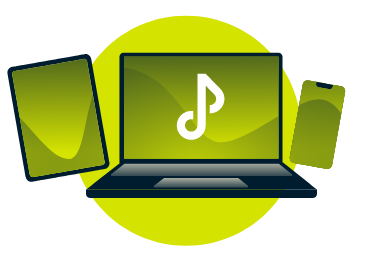 A laptop, tablet, and phone, with a music note.