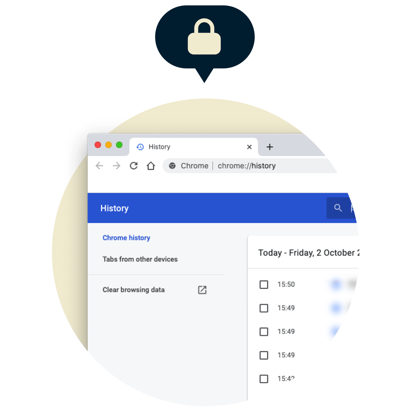 Historique du navigateur Chrome avec un verrou dessus.