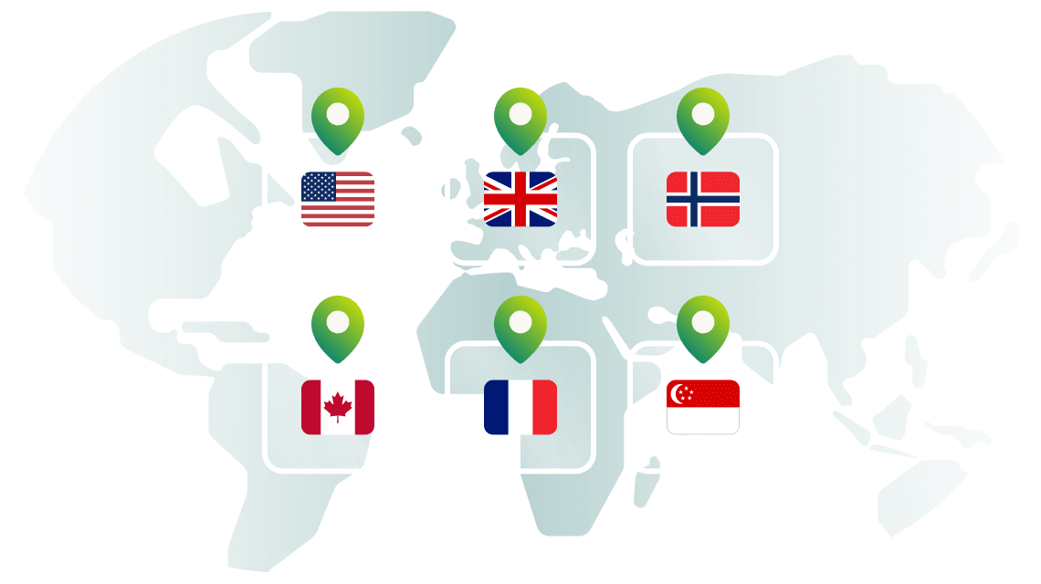 World map with country flags of the dedicated IP locations we offer