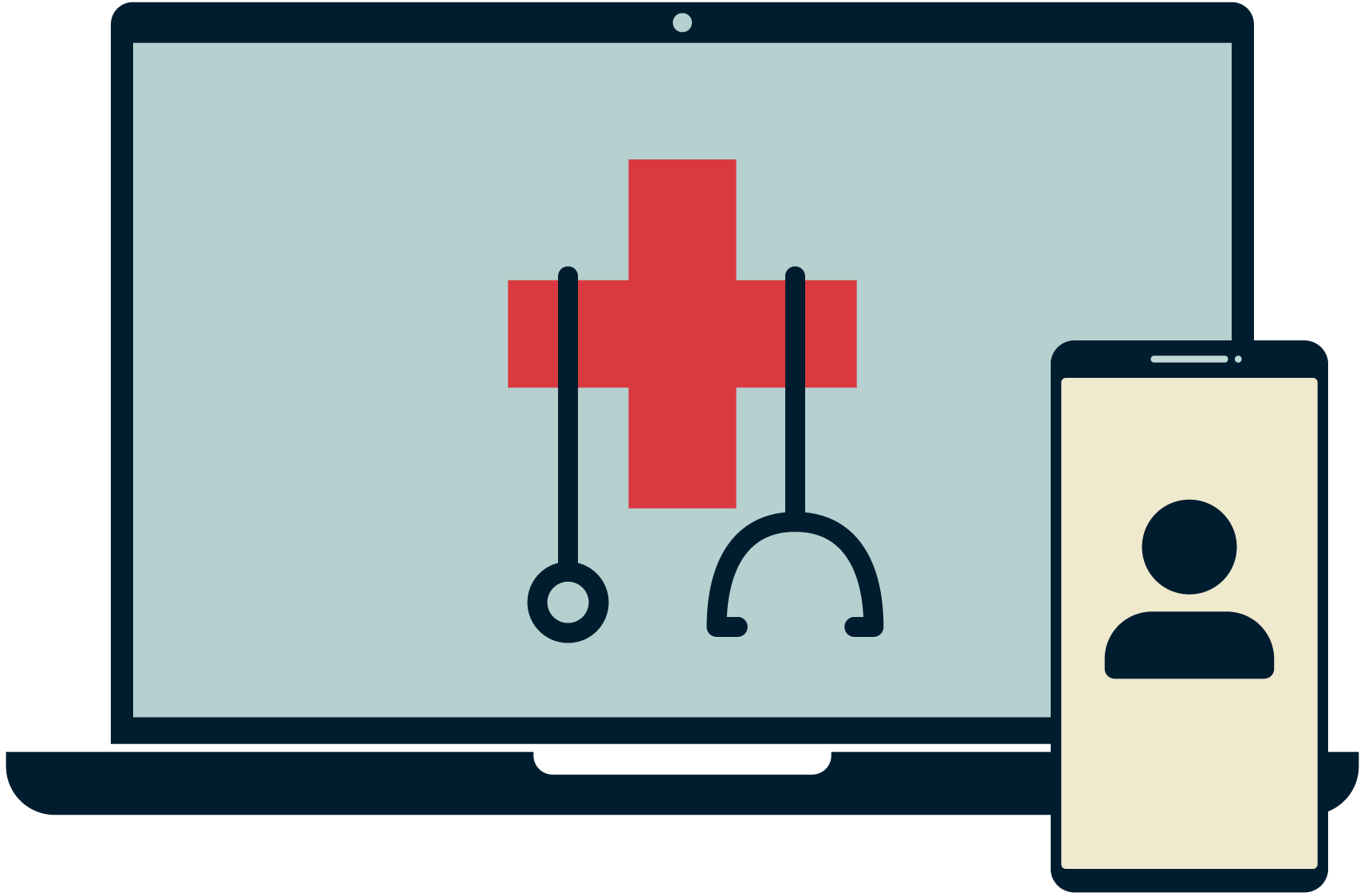 A stethoscope on a red cross on a computer screen, with a figure on a phone screen.