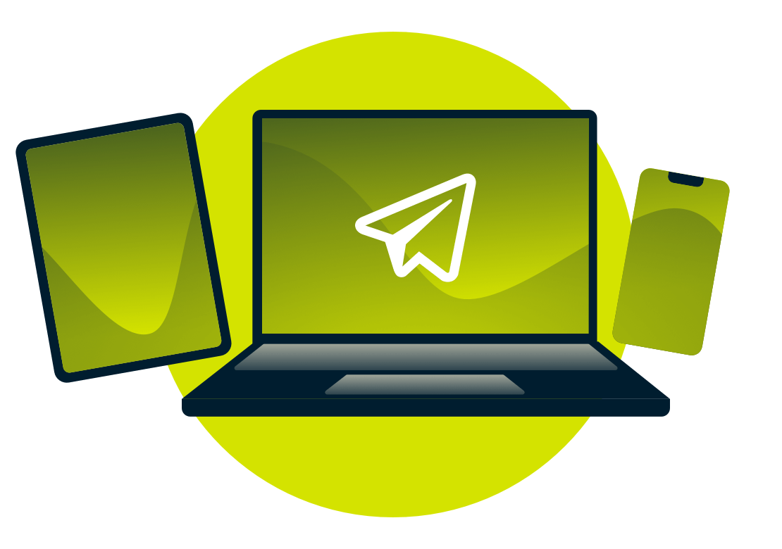 Логотип Telegram на ноутбуке, телефоне и планшете.