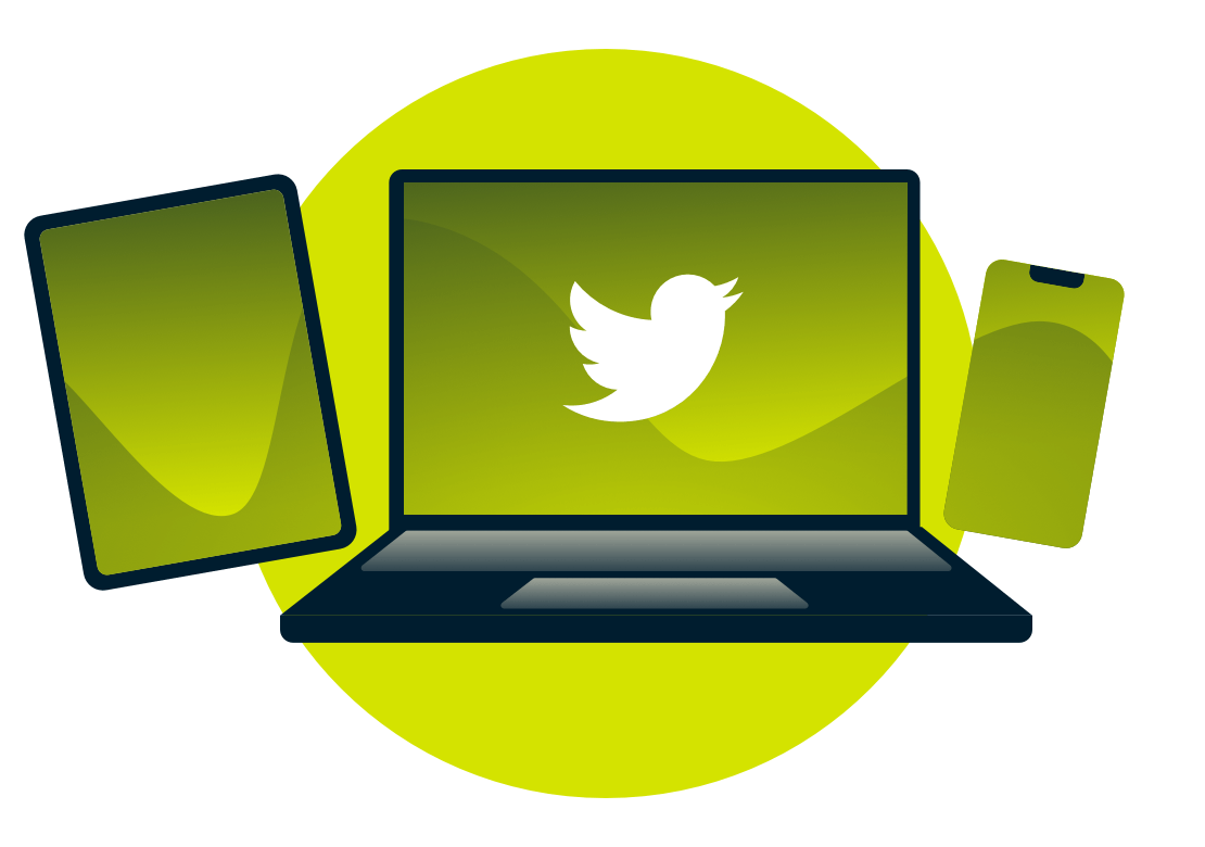 Een laptop, tablet en telefoon, met het Twitter logo.