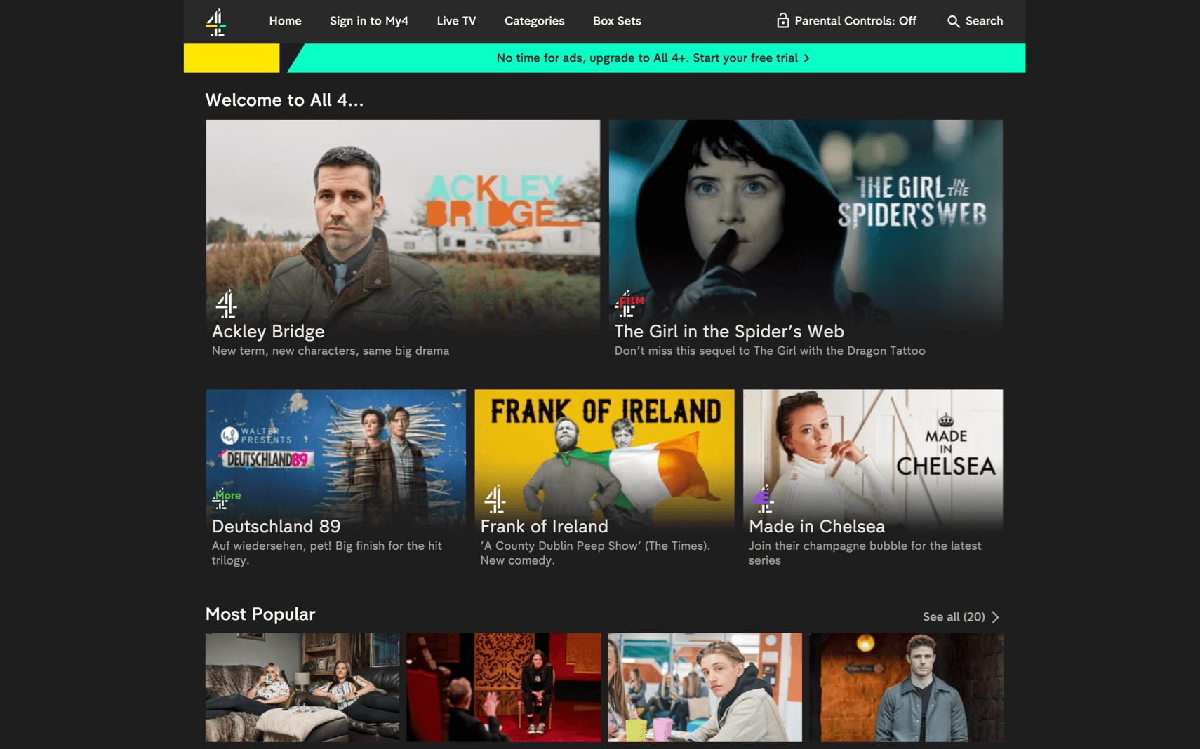 Channel 4 UK app starskärm och program.