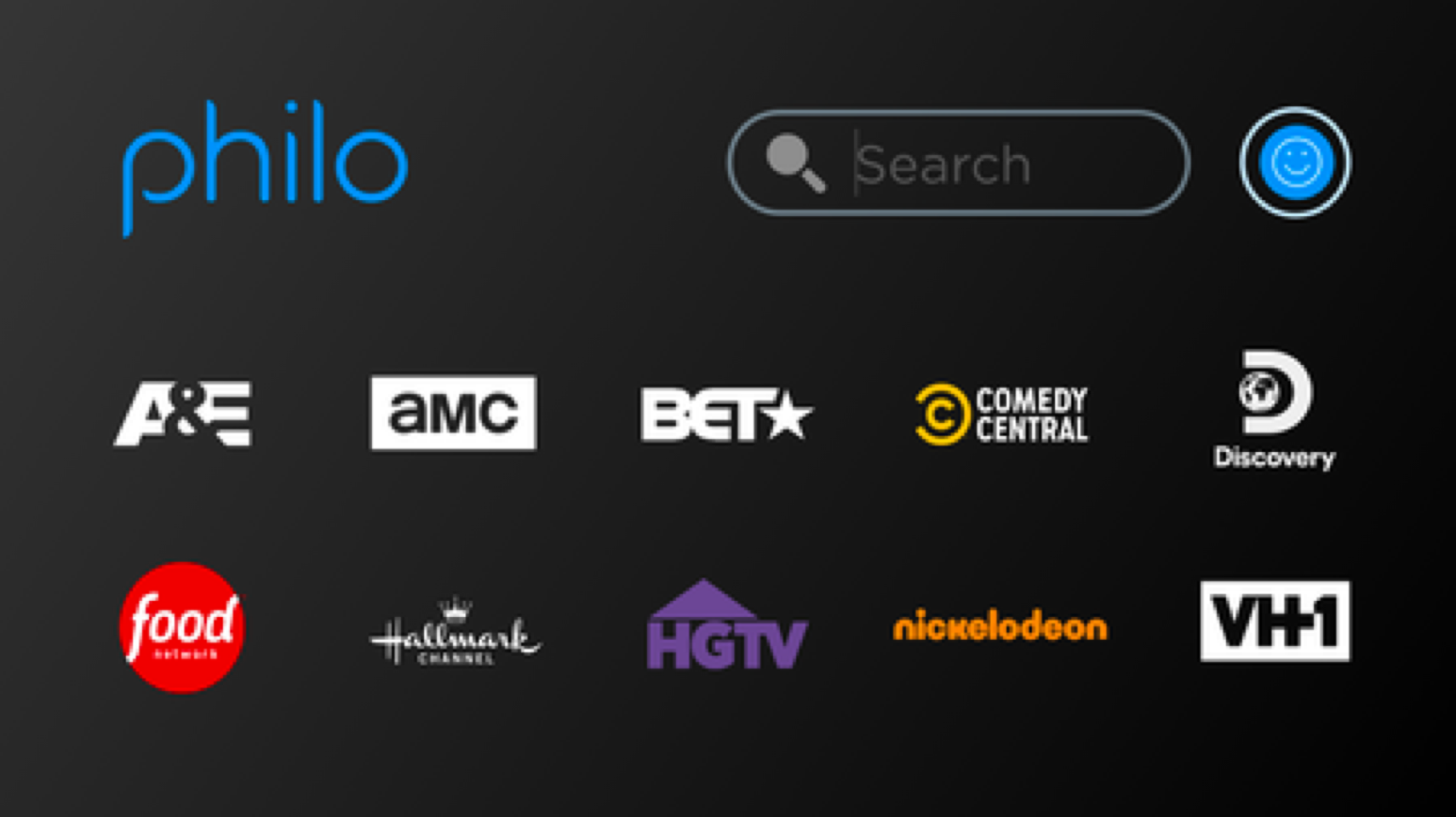 TV screen with Philo channel selection UI.