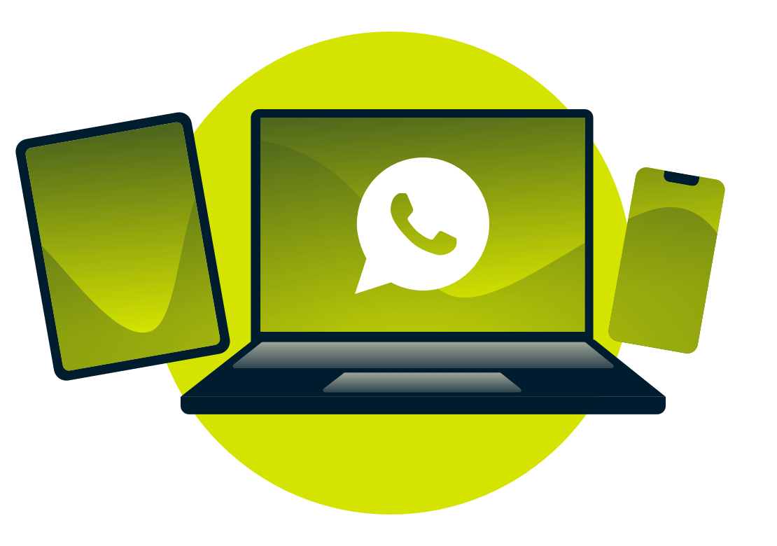 En bärbar dator, surfplatta och telefon med WhatsApp-logotypen.